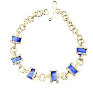 Vintage Silver-Tone Bracelet With Blue Stone Accents & Unique Adjustable Hook Cl